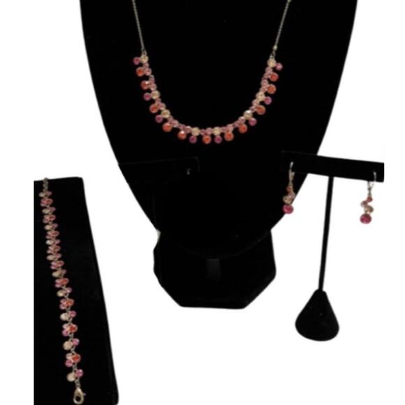 Charter Club Pink Red Gold Tone Round Crystal Necklace Bracelet and Earring Set - Picture 1 of 8